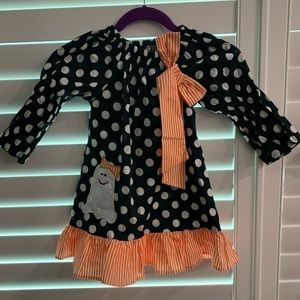 New Girls Halloween Ghost Appliqué Dress - Black/White Dots & Orange Stripes